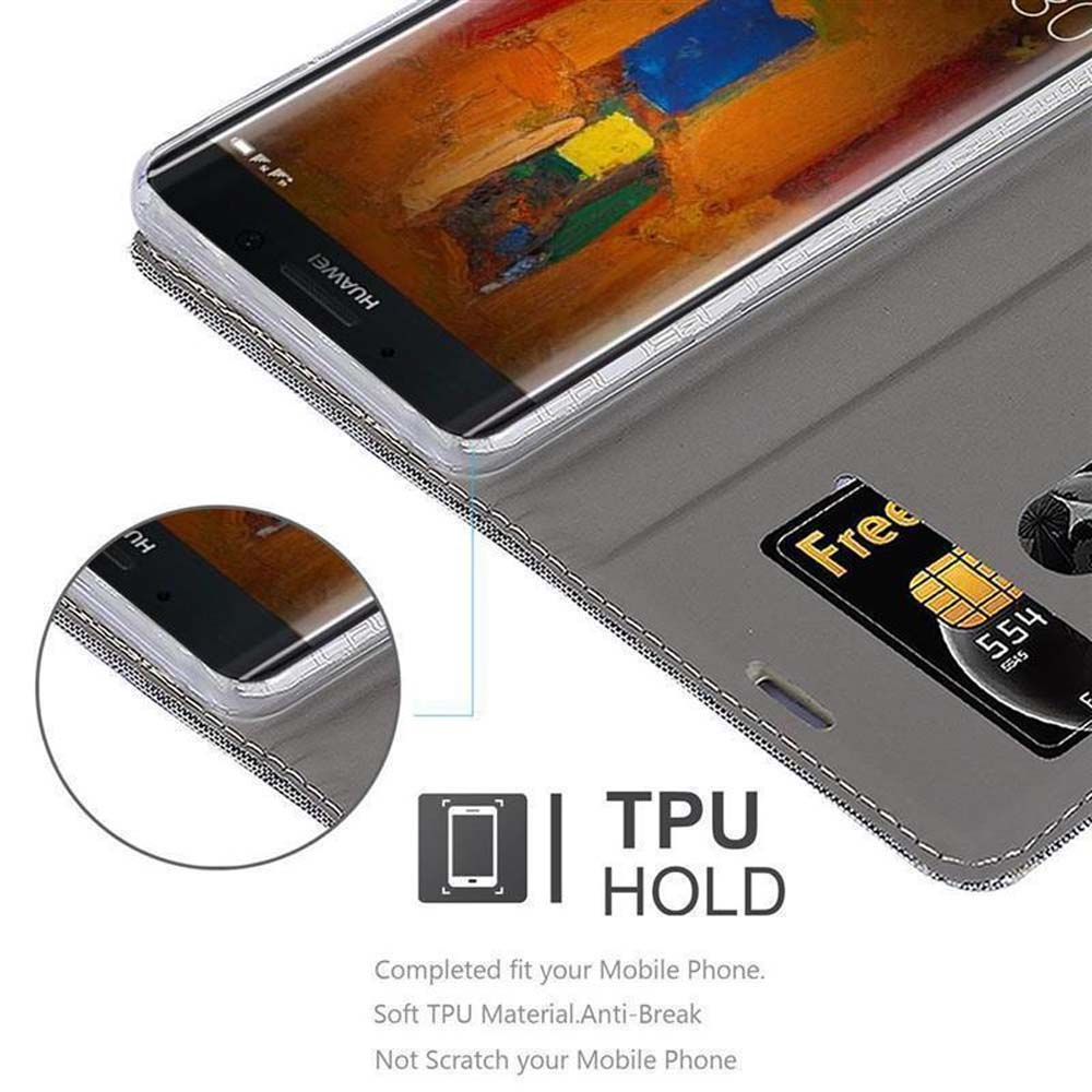 Telefono in una custodia a portafoglio, che mostra carta di credito e schermo. Sfondo bianco.