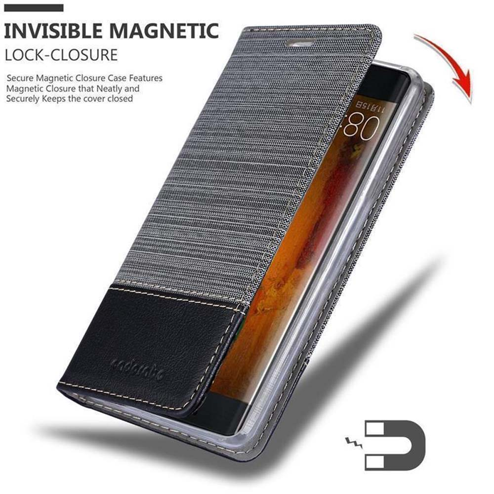 Custodia per telefono, aperta, grigia all'esterno, nera all'interno. Fondo in pelle nera. La custodia ha una chiusura magnetica.