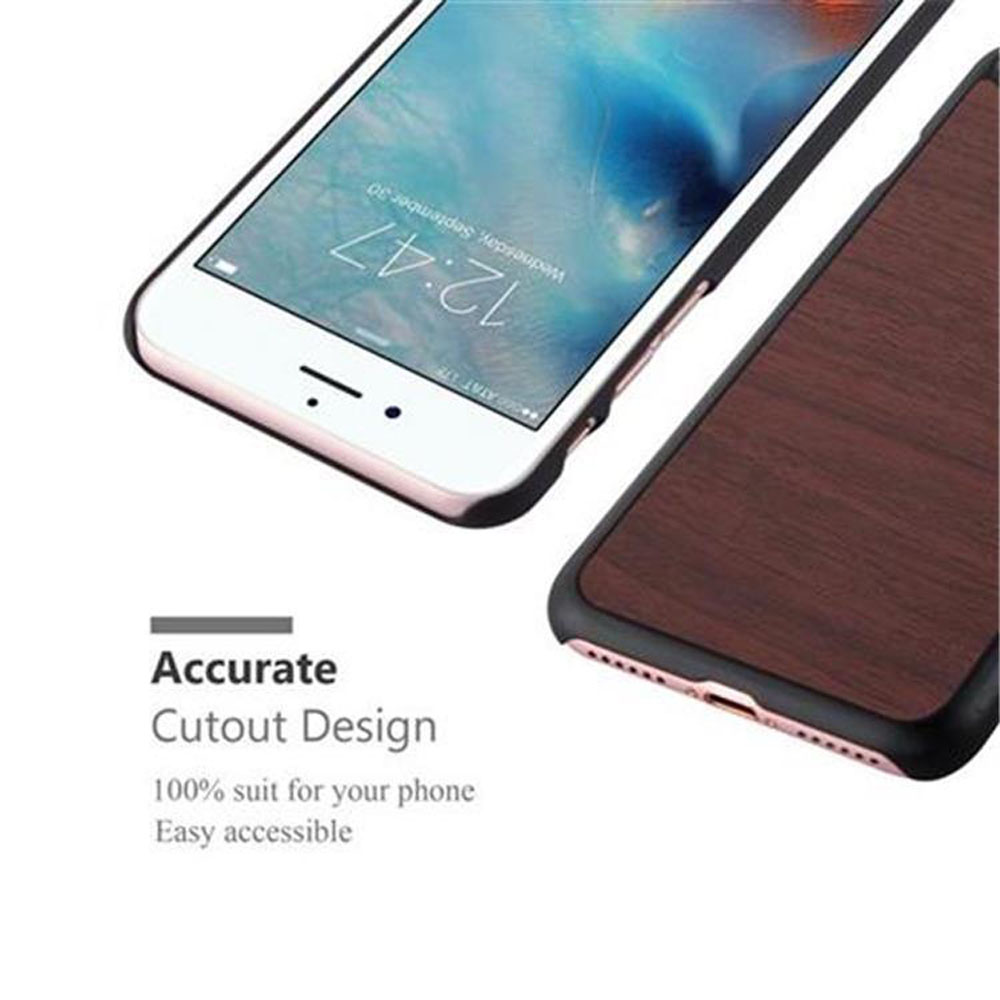 Zwei Telefone. Eines hat eine Holzschutzhülle. Das Design ist genau und hat ein Ausschnittdesign und ist leicht zugänglich.