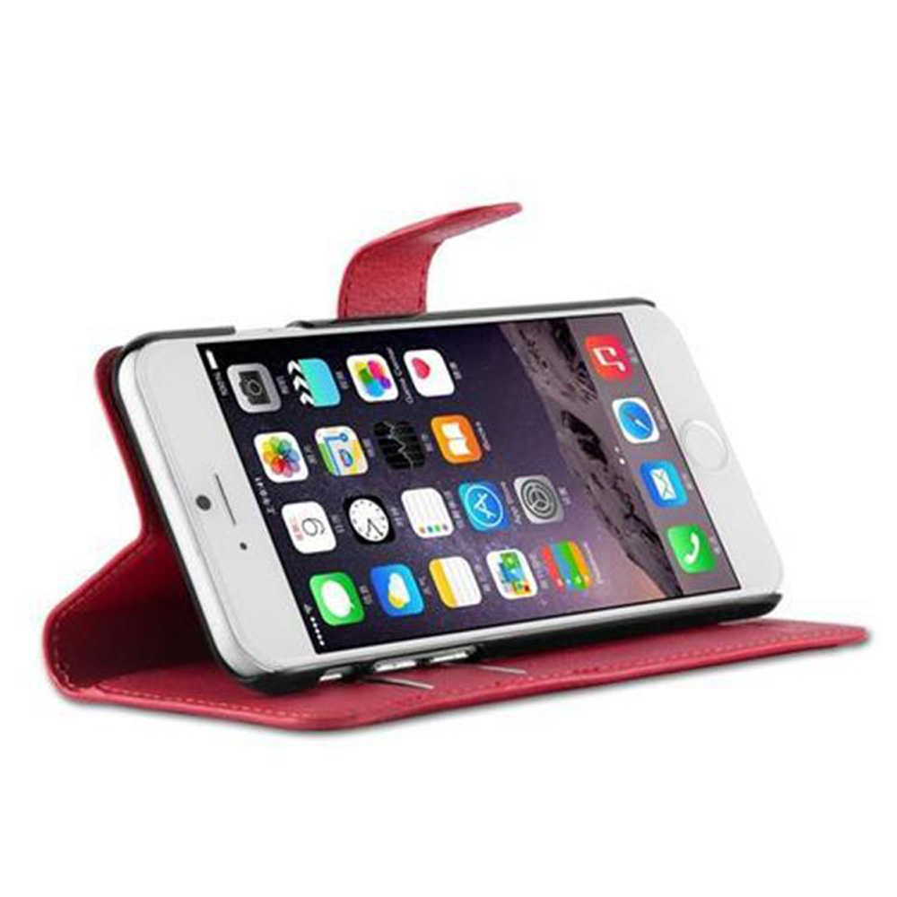 Telefono bianco in una custodia rossa aperta. Il telefono mostra le icone delle app su uno sfondo colorato.