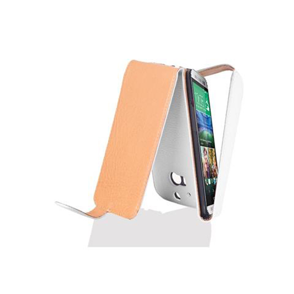 Un teléfono parcialmente abierto. La funda es marrón claro. El teléfono es blanco con una pantalla negra.