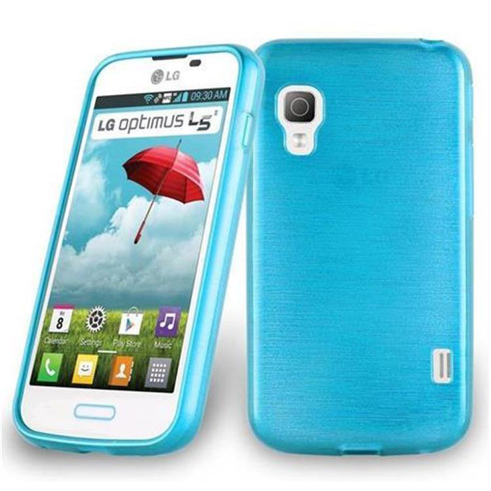 Funda de teléfono azul con un teléfono dentro. La pantalla del teléfono está encendida.