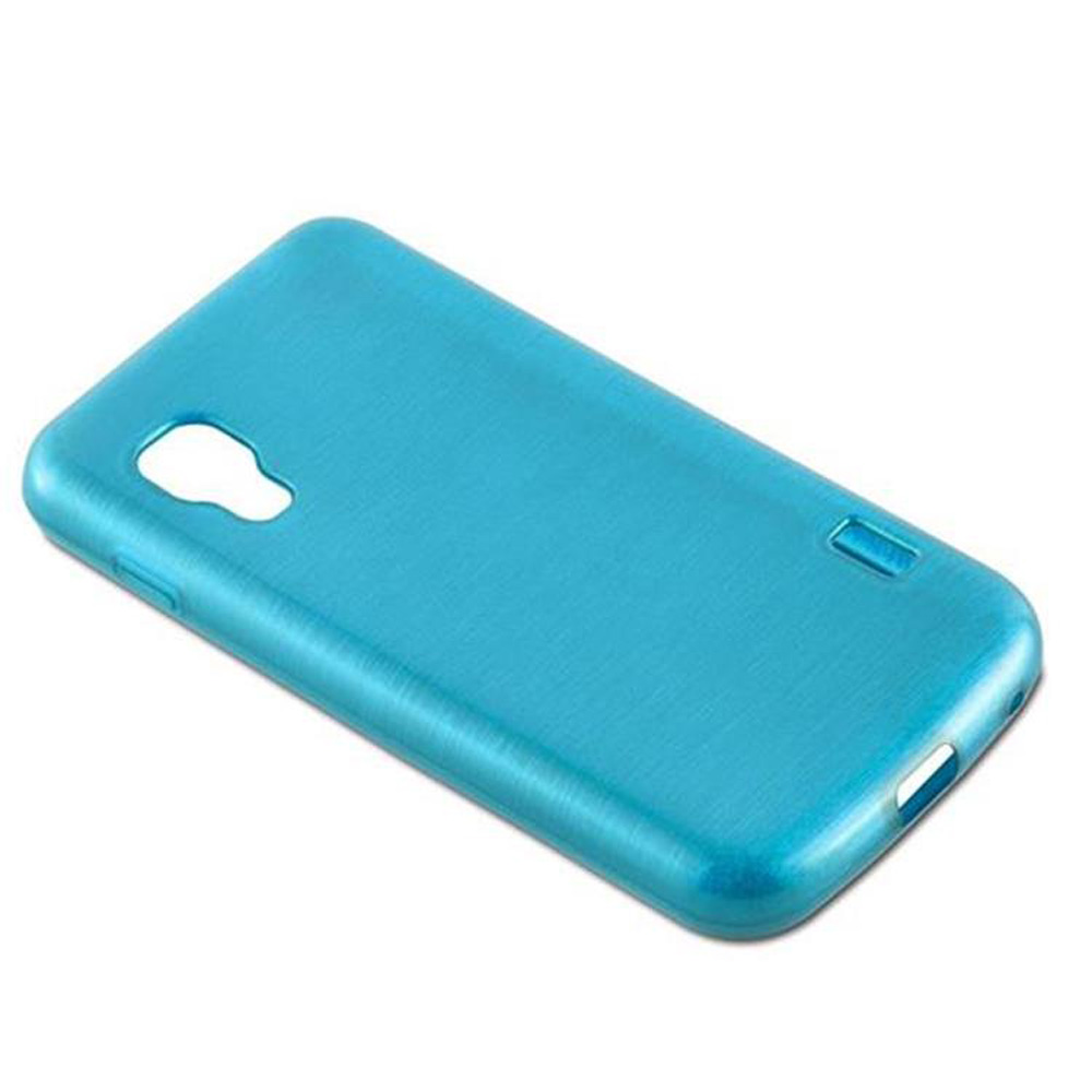 Una funda cian. Tiene recortes para botones y puertos. Superficie brillante.