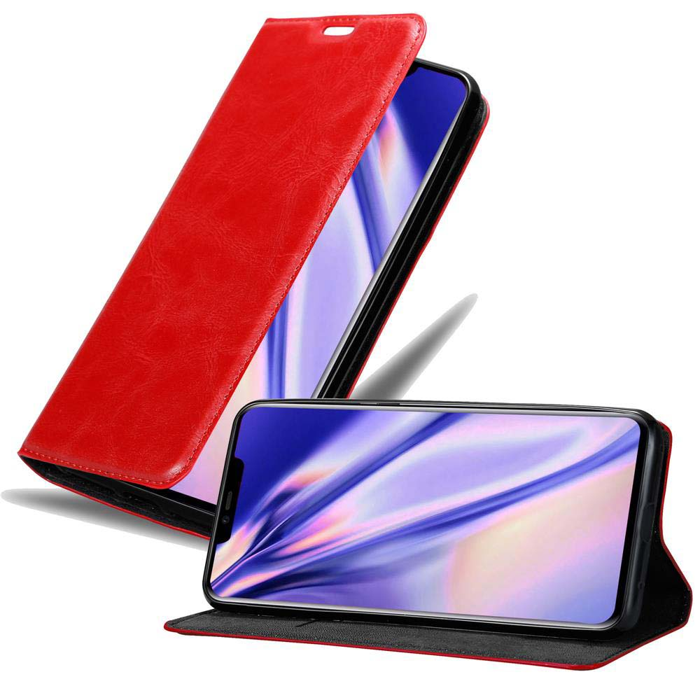 Rote Handyhülle, geöffnet, zeigt ein Telefon. Die Hülle ist rot und das Telefon hat ein blaues Display.