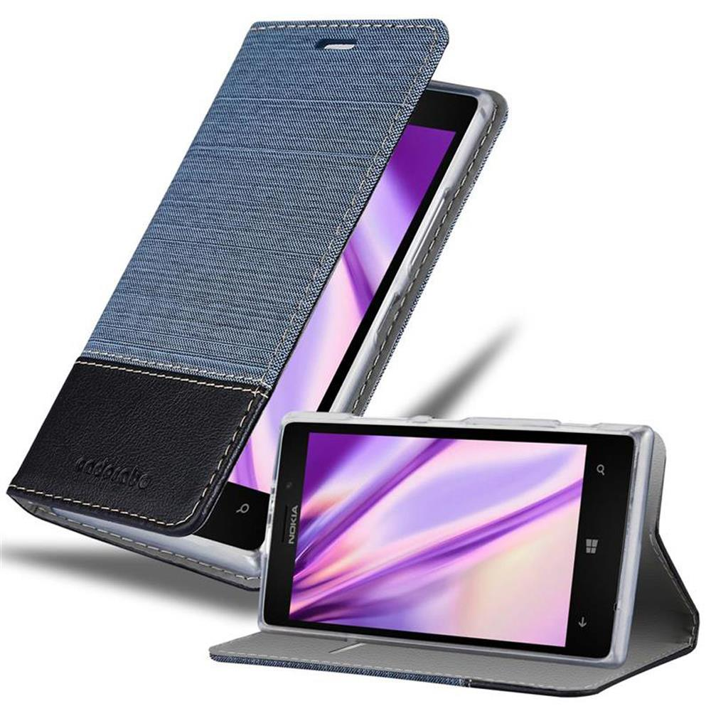 Custodia blu con telefono. La custodia è parzialmente aperta, mostrando lo schermo.