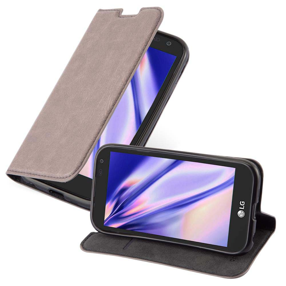 Un teléfono en una funda gris está abierto, revelando la pantalla del teléfono. El teléfono y la funda son grises.