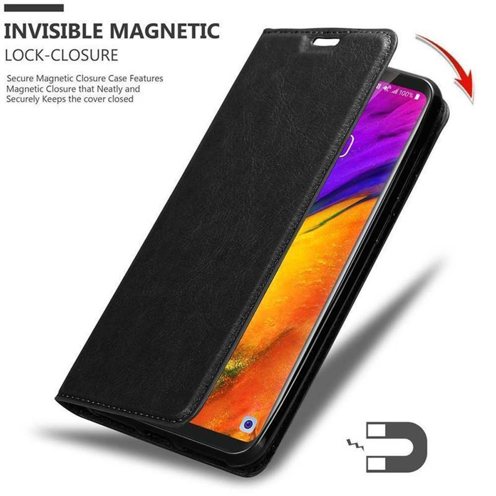 Geöffnete schwarze Handyhülle, die einen Telefonbildschirm zeigt. Text: Unsichtbarer Magnetverschluss.