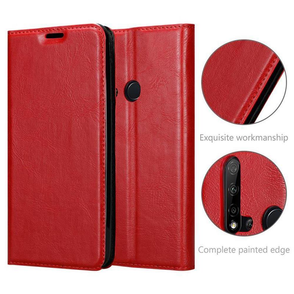 Rote Handyhülle. Details: Exquisite Verarbeitung, vollständig lackierte Kante. Handyhülle geöffnet, zeigt Telefondesign.