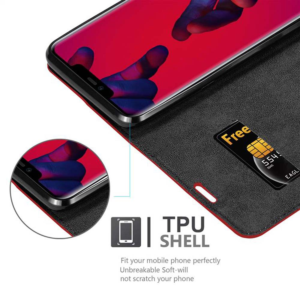 Ein Telefon in einer Brieftaschenhülle mit Kreditkartenfach. Der Telefonbildschirm zeigt einen roten Hintergrund.