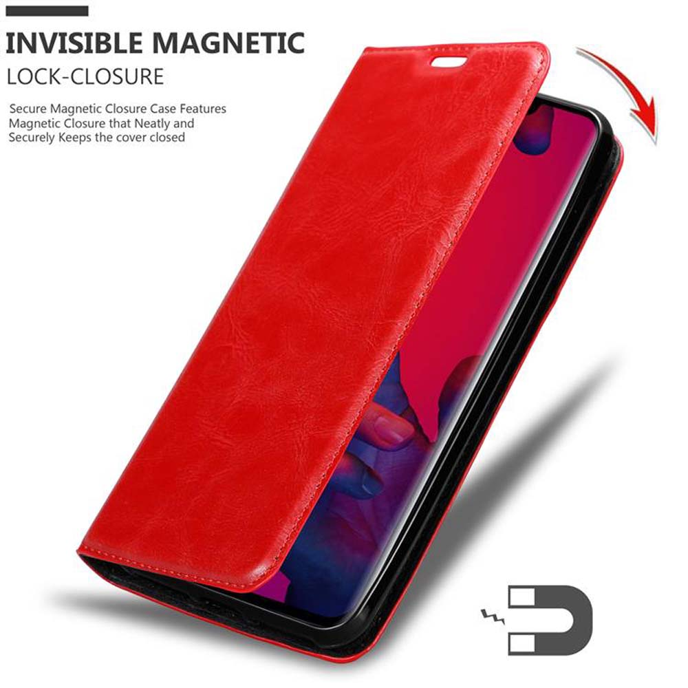 Rote Handyhülle, offen. Telefon ist rot. Text: Unsichtbarer Magnetverschluss.