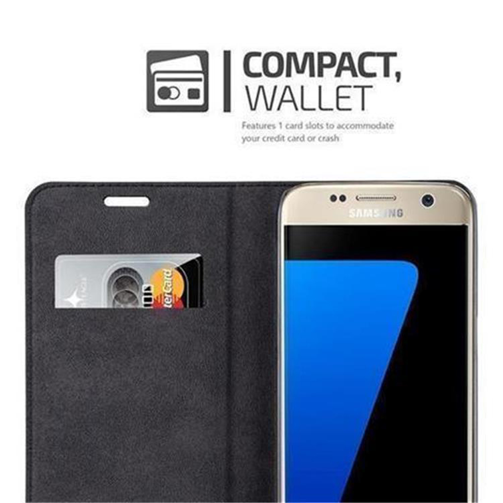 Ein Telefon in einer schwarzen Brieftaschenhülle. Die Hülle hat einen Kartensteckplatz mit einer sichtbaren Kreditkarte. Das Telefon ist goldfarben und blau.