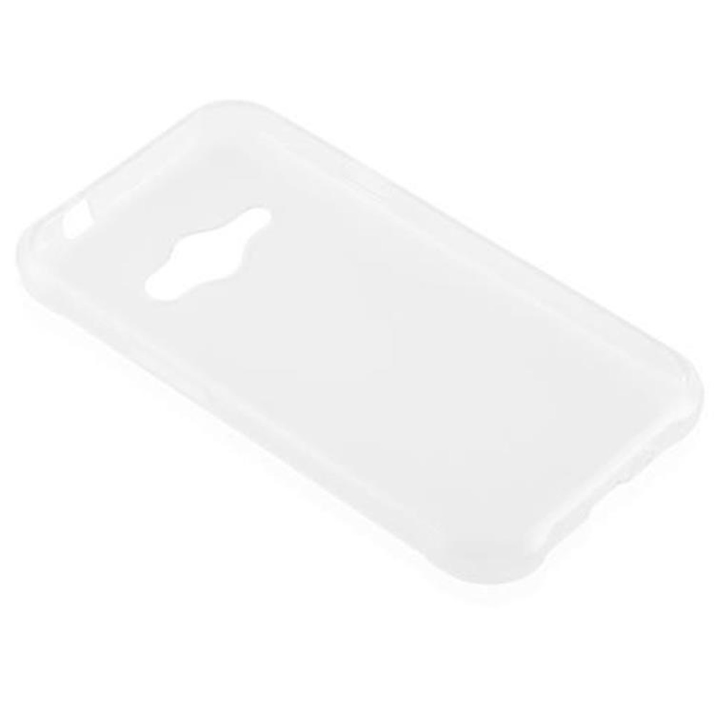 Custodia bianca per telefono. La custodia è vuota. La custodia è bianca. Il foro della fotocamera è visibile.