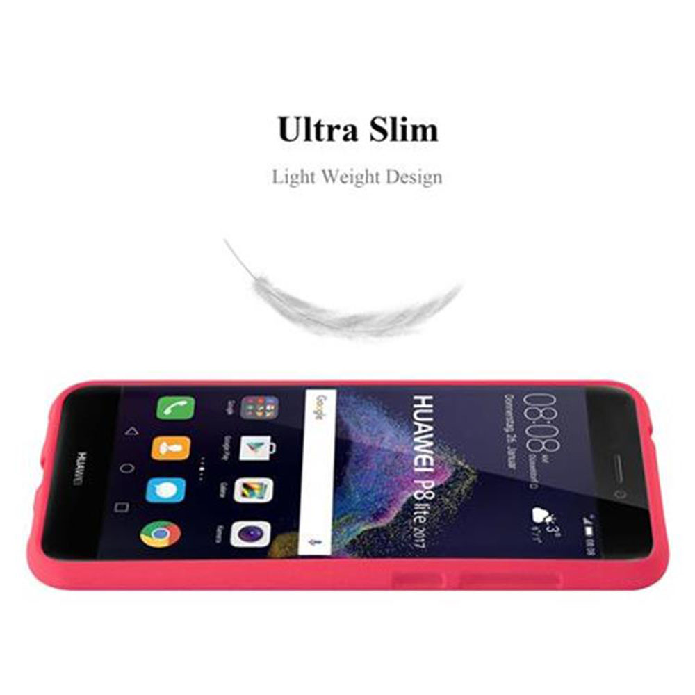 Se muestra un teléfono en una funda roja.