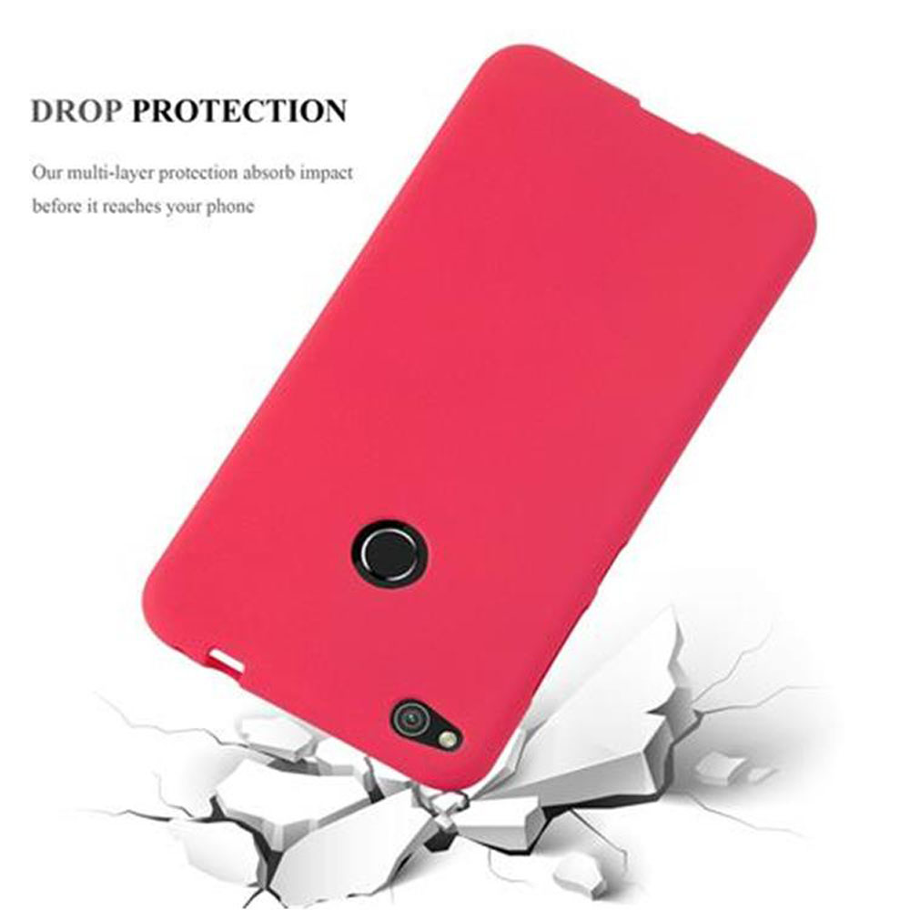 Funda de teléfono roja, protección contra impactos, suelo agrietado.