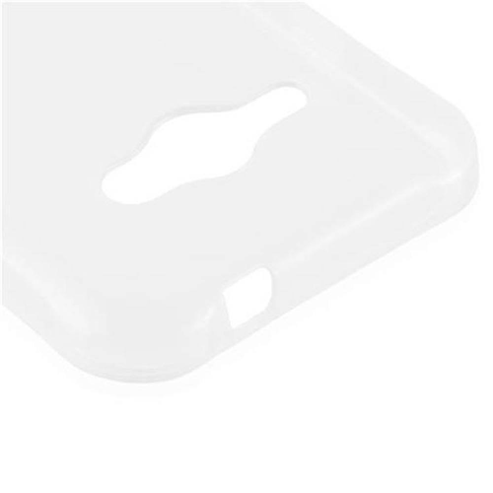 Custodia bianca per telefono con ritagli per fotocamera, altoparlante e altre funzioni. Sfondo bianco.