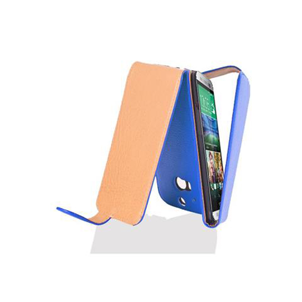 Funda de teléfono marrón claro y azul, abierta. El teléfono muestra una pantalla. Fondo blanco.
