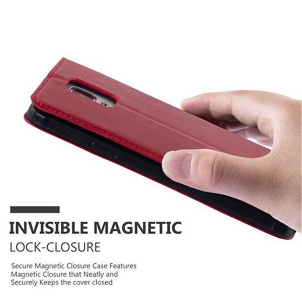 Rote Leder-Handyhülle. Die Handyhülle ist geöffnet und zeigt das Telefon im Inneren und den Magnetverschluss.