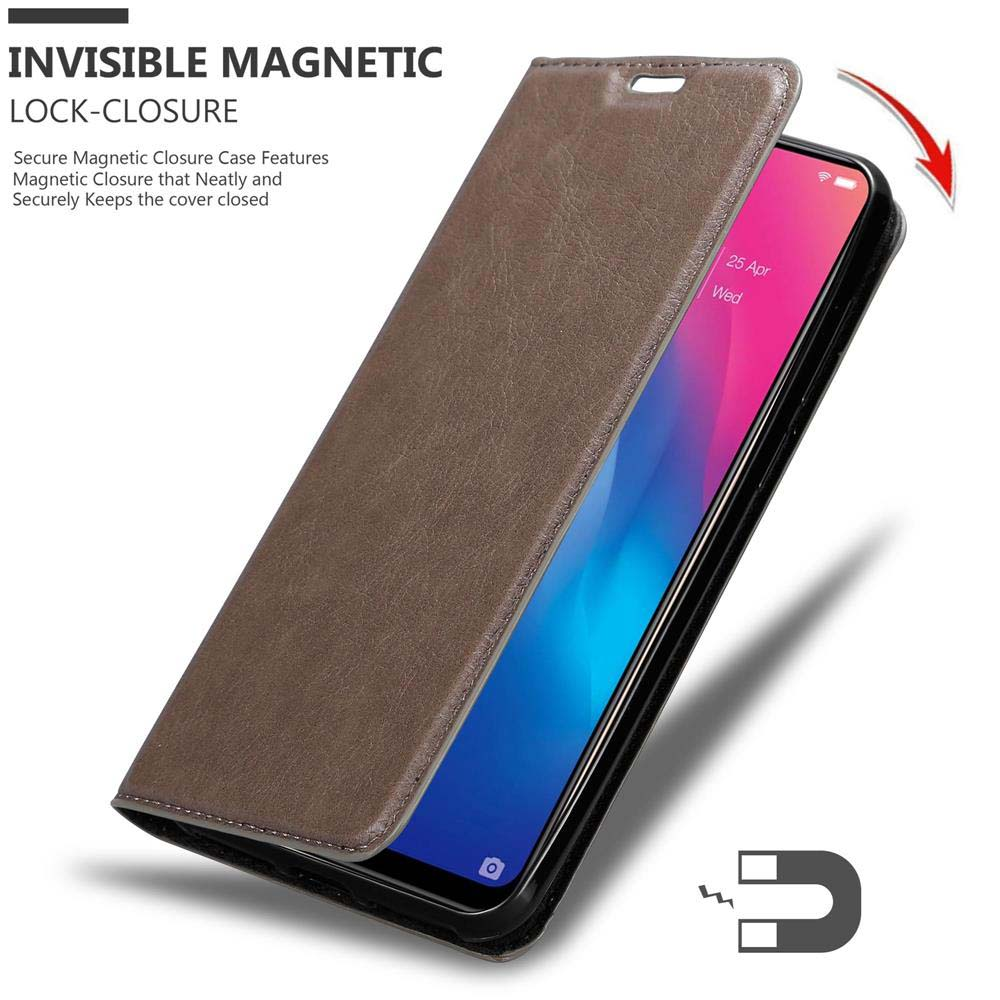 Braune Handyhülle mit Magnetverschluss. Ein Telefon befindet sich im Inneren. Die Hülle ist geöffnet.