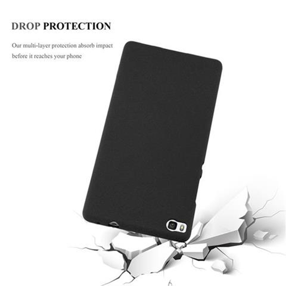 Una custodia per telefono nera che cade, con il terreno che si rompe all'impatto. Le parole "DROP PROTECTION" sono sopra.