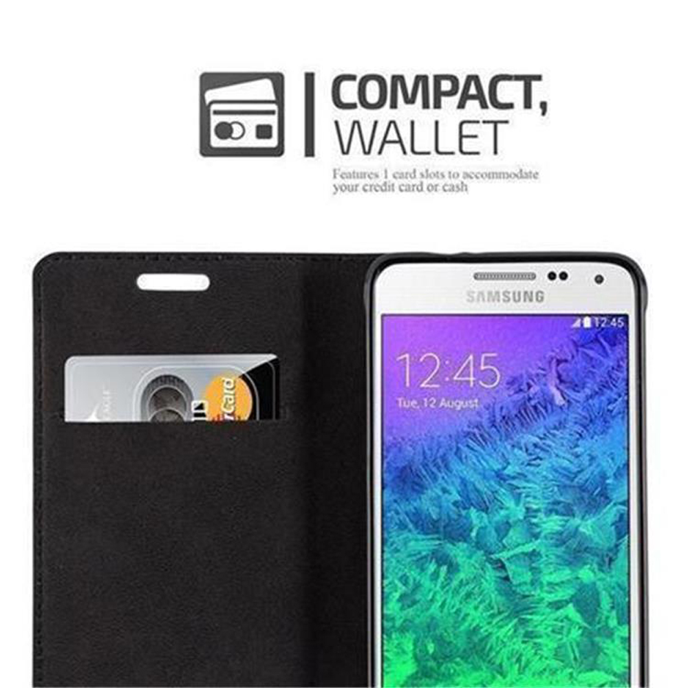 Un teléfono en una funda abatible. Una tarjeta pequeña en una ranura. La funda es negra con ranura para tarjetas.