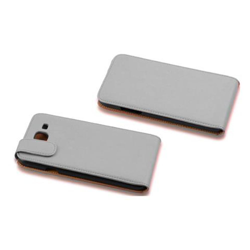 Due custodie grigio chiaro per telefono. Una aperta con un telefono, l'altra chiusa. Entrambe hanno una chiusura magnetica.