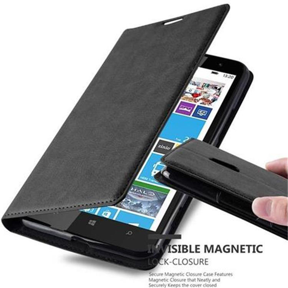 Custodia nera aperta, il telefono dentro. Testo: "INVISIBLE MAGNETIC LOCK-CLOSURE".