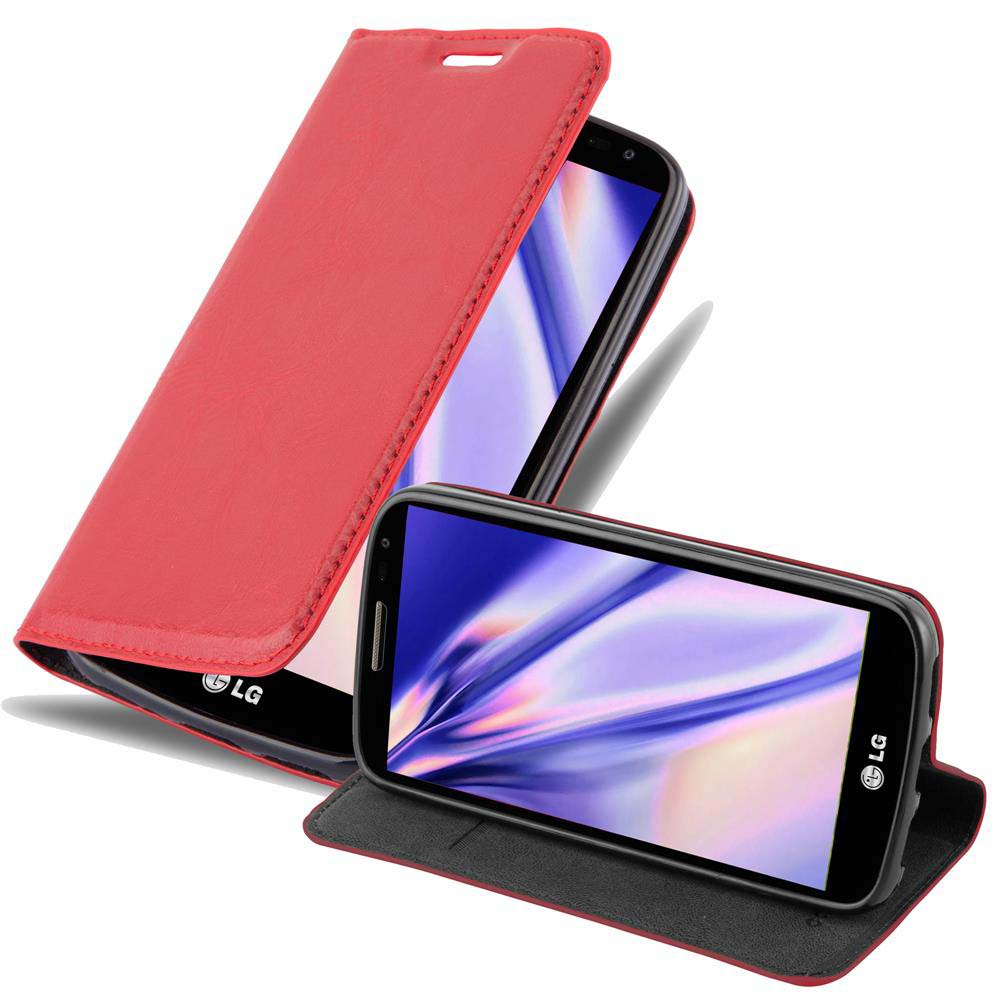 Rote Leder-Handyhülle mit Telefon. Die Abdeckung ist offen und zeigt den Bildschirm des Telefons.