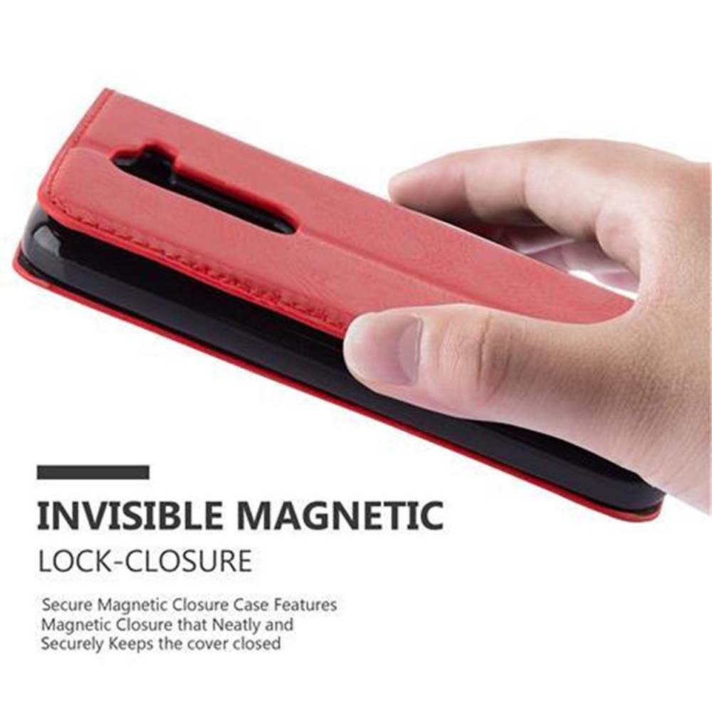 Hand hält rote Handyhülle. Text: Unsichtbarer Magnetverschluss. Magnetverschluss-Funktionen.