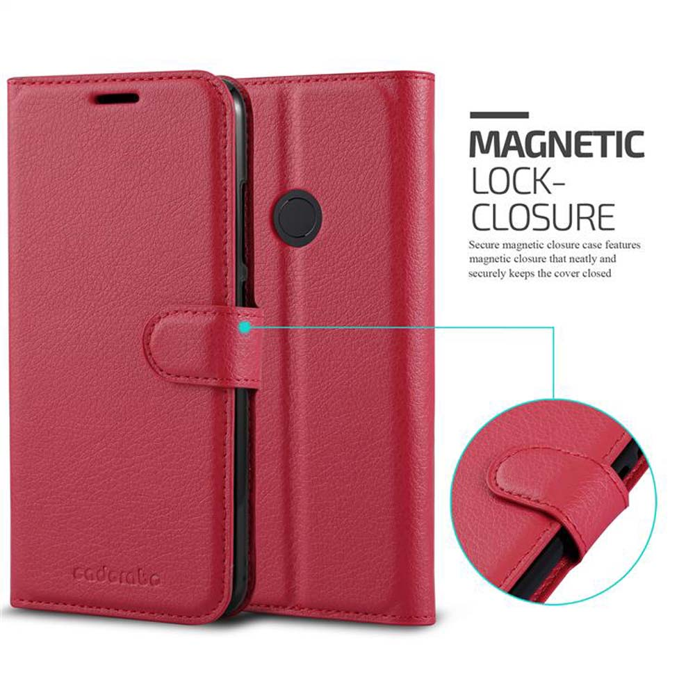 Rote Handyhülle mit Magnetverschluss. Die Hülle ist geschlossen. Nahaufnahmen zeigen Details. Rot Leder.