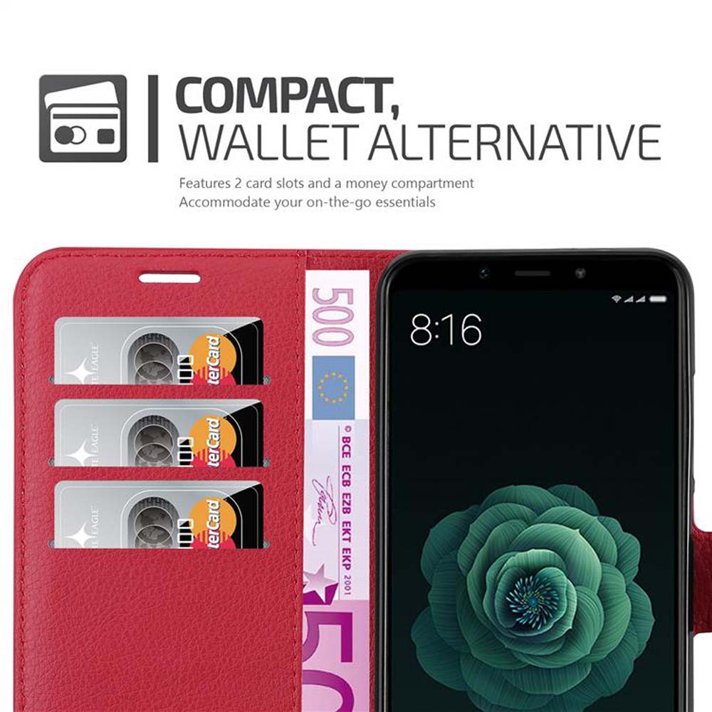 Rote Brieftaschen-Handyhülle mit Kartenfächern, einer Banknote und einem Telefon mit 8:16.