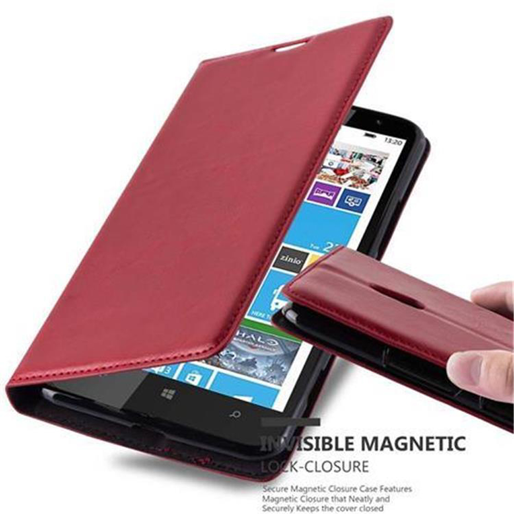 Custodia per telefono rossa aperta, che rivela un telefono. La custodia ha una chiusura magnetica. Schermo visibile.