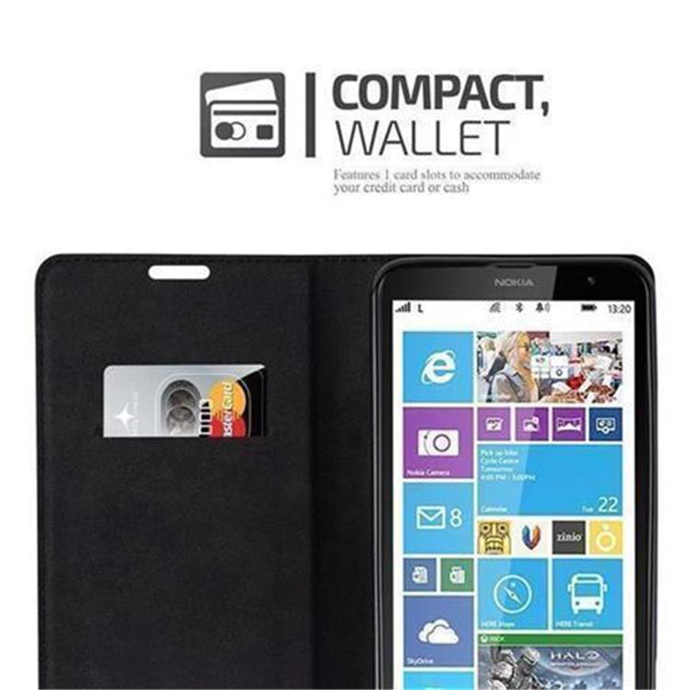 Custodia per telefono nera aperta con carta di credito nello slot e telefono con schermo colorato.