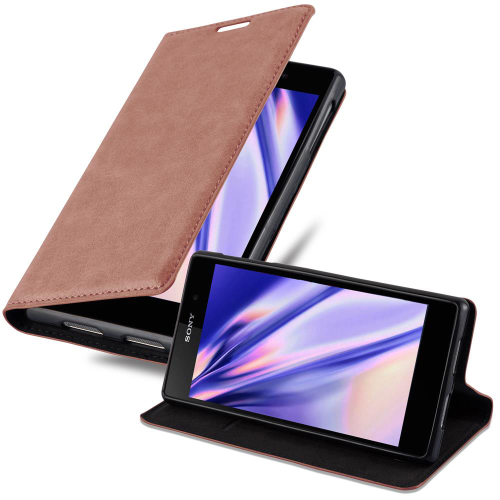 Braune Leder-Handyhülle mit Telefon. Das Telefon ist schwarz. Der Hintergrund ist weiß.