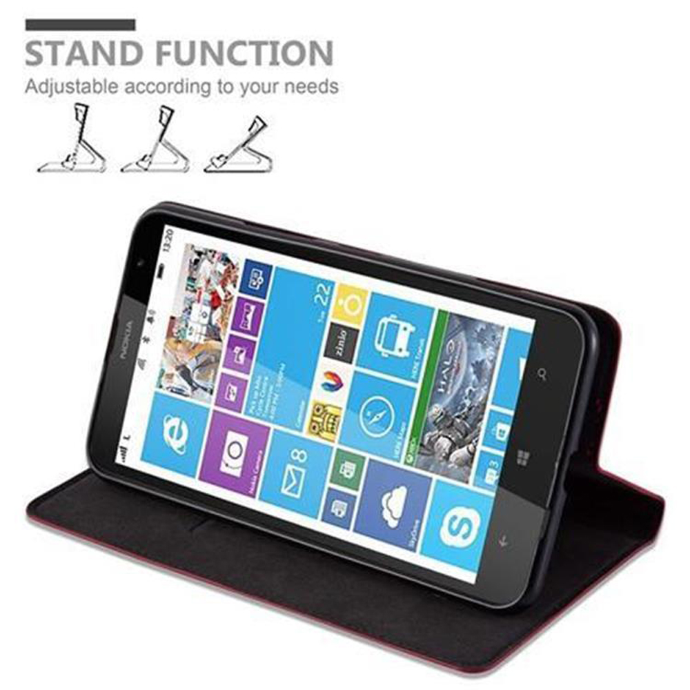 Un telefono in una custodia nera in modalità stand. Il testo dice "STAND FUNCTION" e mostra schemi.
