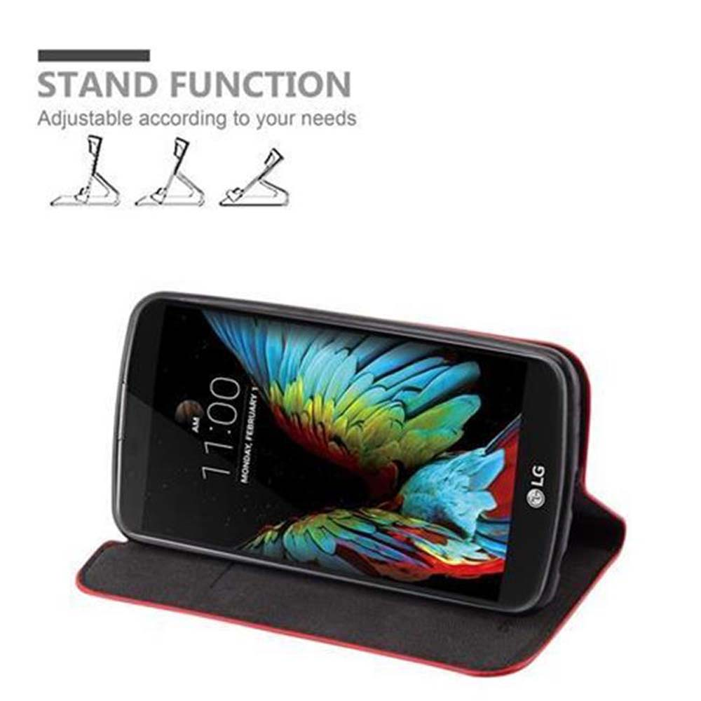 Telefono in una custodia, appoggiato in posizione di supporto. Lo schermo mostra immagini colorate. La custodia è rossa.