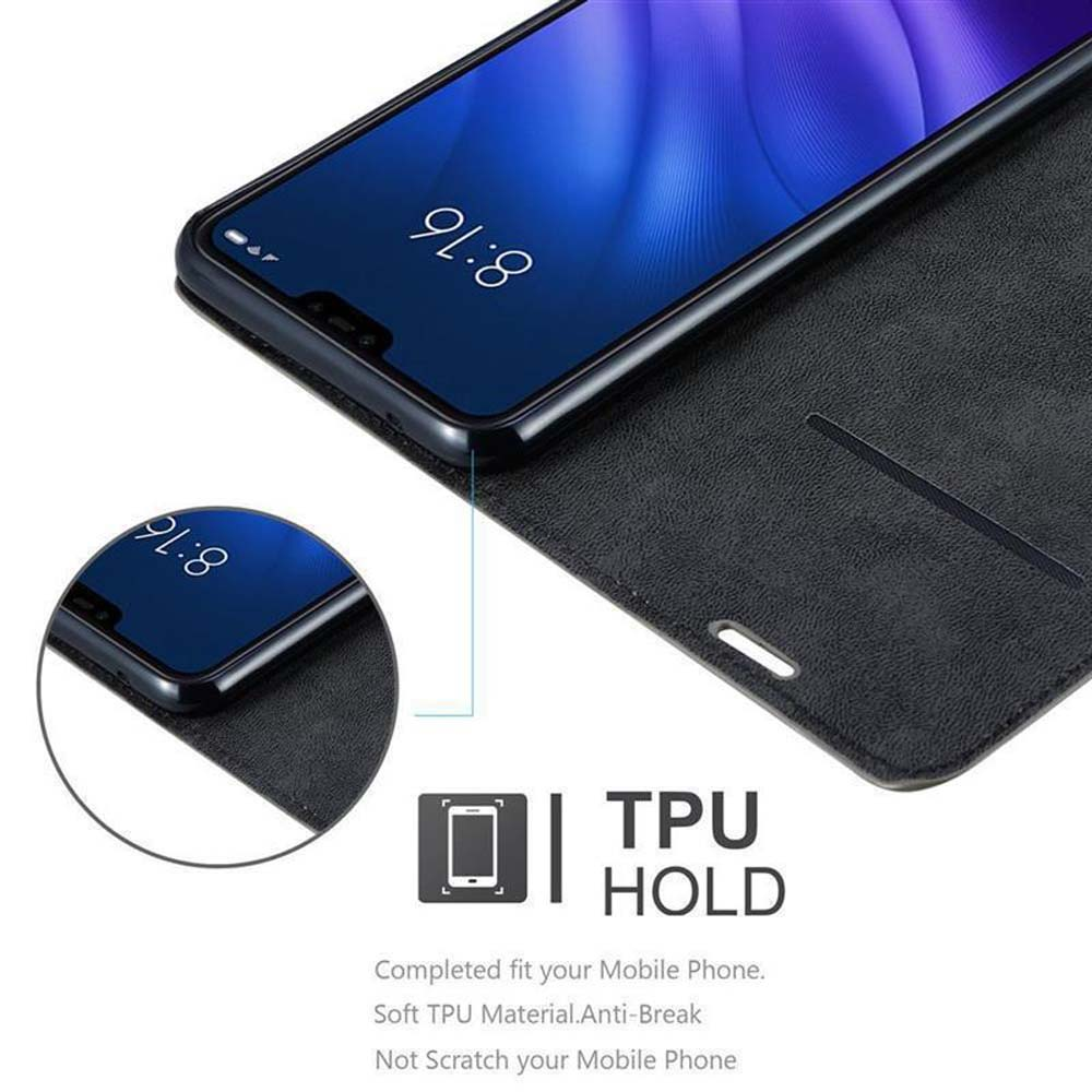 Telefono in custodia nera, aperto, mostra schermo e dettagli custodia, con testo TPU HOLD.