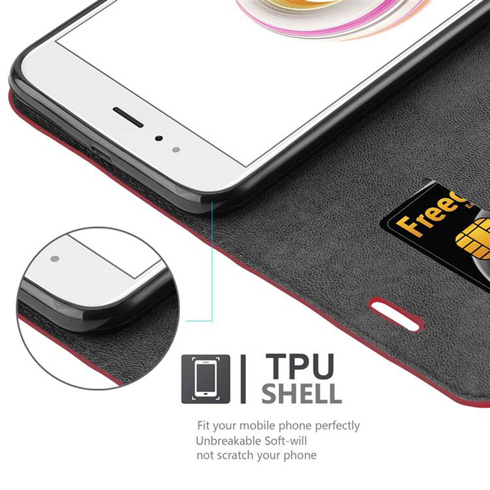 Un telefono bianco poggia su una custodia nera con interno rosso. Testo: Guscio in TPU, si adatta al tuo telefono, infrangibile.