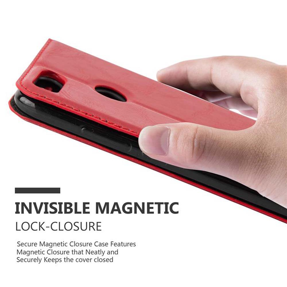 Custodia rossa per telefono in mano, testo: Chiusura magnetica invisibile. Chiusura sicura.