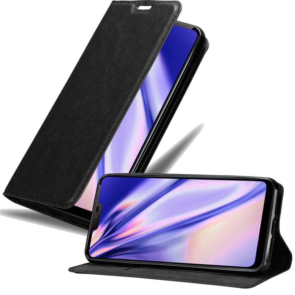 Eine schwarze Handyhülle, geöffnet. Das Telefon zeigt ein lila-weißes Muster. Die Hülle ist aus Leder.