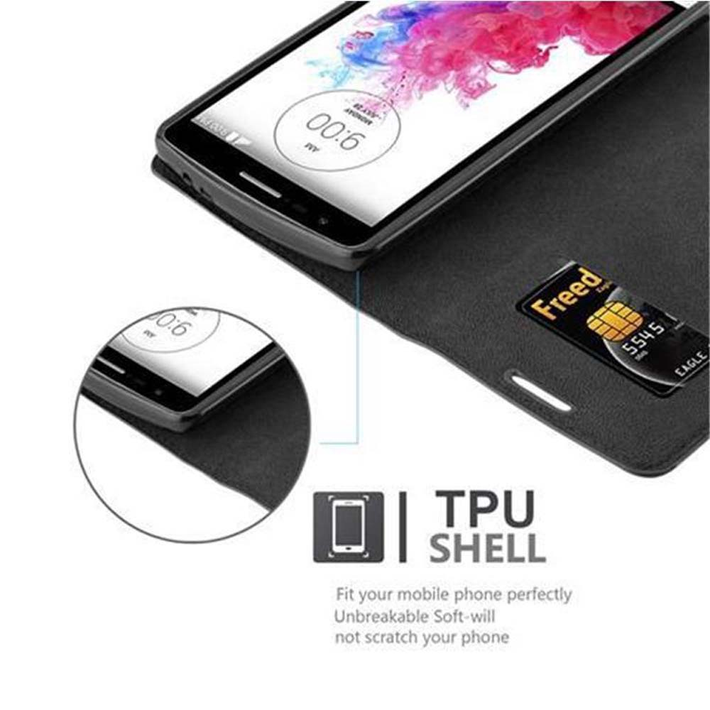Teléfono en funda con ranura para tarjetas. Pantalla con aplicaciones.