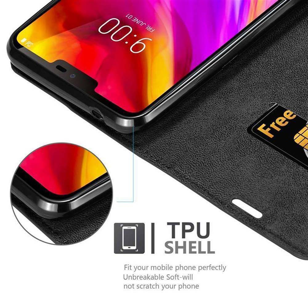 Ein schwarzes Telefon mit Zeitangabe auf dem Bildschirm in einer schwarzen TPU-Schale mit 'Free'-Karte.