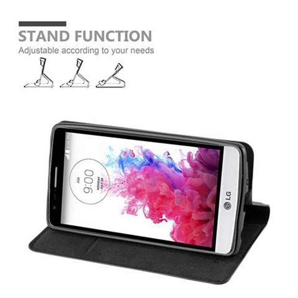 Teléfono negro en funda, abierto. Pantalla del teléfono muestra arte abstracto rosa y blanco. Texto: Función de soporte.