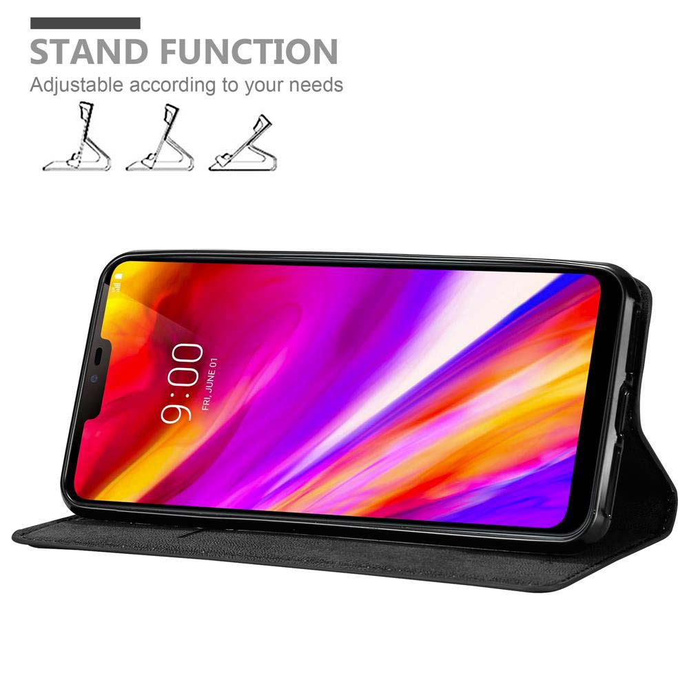 Schwarze Handyhülle mit Standfunktion, die ein Telefon mit farbenfroher Anzeige zeigt. Symbole der Standfunktion werden angezeigt.