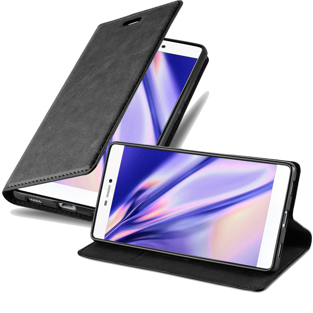 Funda de teléfono negra con teléfono, pantalla blanca. Funda abierta y cerrada.