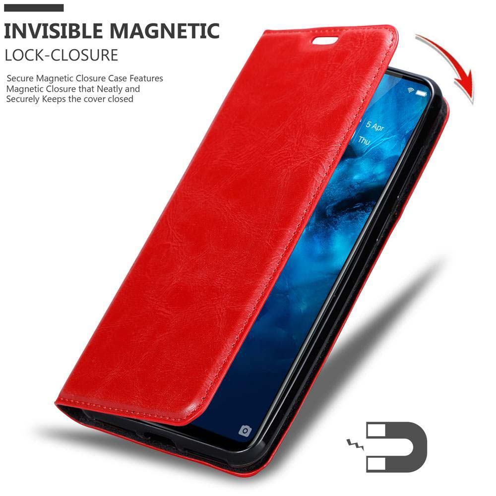 Custodia per telefono rossa che si apre. Chiusura magnetica, telefono all'interno. Il telefono nero è visibile.
