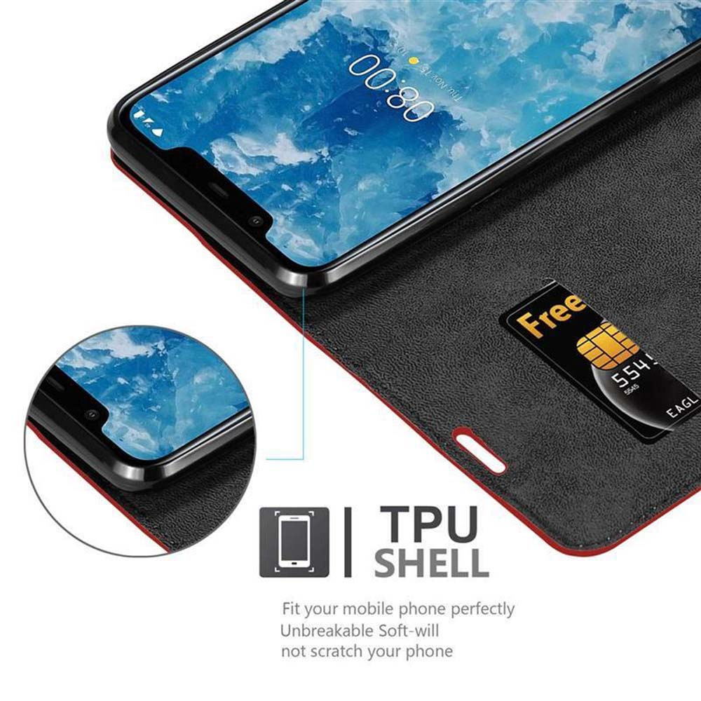Telefon in Lederhülle mit SIM-Karte. Auf dem Bildschirm wird die Uhrzeit 08:00 angezeigt.