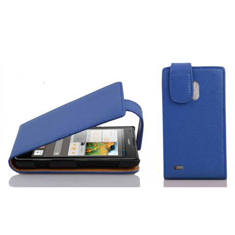 Custodia per telefono blu con un telefono all'interno. Custodia aperta che mostra lo schermo del telefono. La custodia è blu.