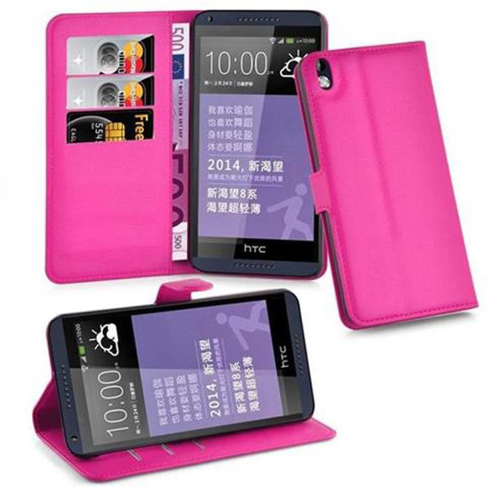 Rosa Handyhülle mit Telefon und Karten. Telefon zeigt Text und Grafiken. Geld wird gezeigt.