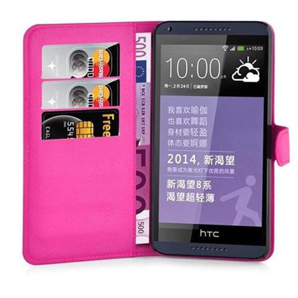 Eine pinkfarbene Handyhülle mit einem Telefon darin. Das Telefon hat eine farbenfrohe Oberfläche. Es gibt Kreditkarten in der Hülle.