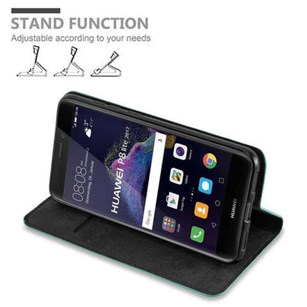 Telefon in einer Hülle, die als Ständer verwendet werden kann. Text: STANDFUNKTION. Das Telefon zeigt Google.